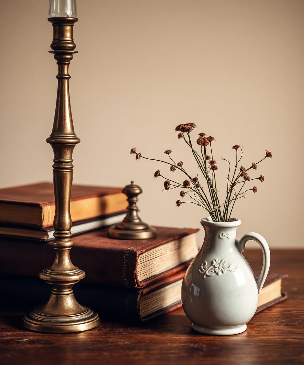 Brass candlestick with leather-bound books