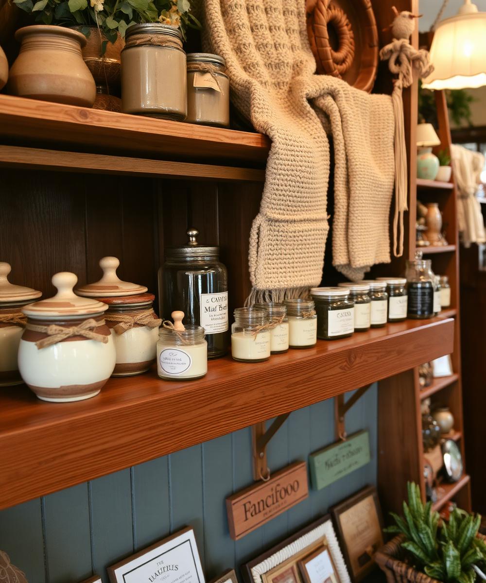 Handcrafted candles and textiles on shelf